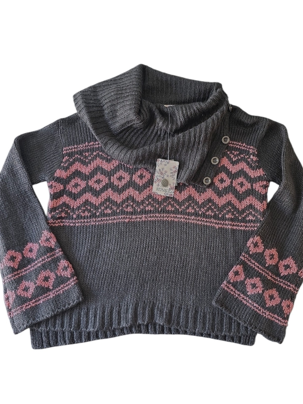 NWT Pink Republic Fair Isle Cowl Neck Sweater Gray Pink Small